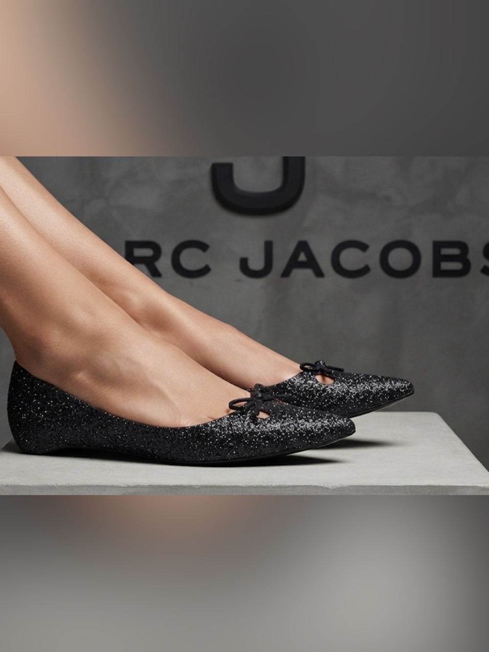Authentic Marc Jacobs designer black glitter leather flats sz 7 Euro 37